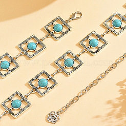 Alloy & Iron & Imitation Turquoise Hollow Square Link Chain Belts for Women&nbsp;WG0164C-01