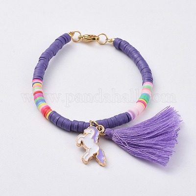 Handmade Polymer Clay Beads Kids Bracelets, with Cotton Thread Tassels and  Alloy Enamel Pendants, Unicorn, Golden, Mixed Color, 6-1/4 inch(16cm), 4mm