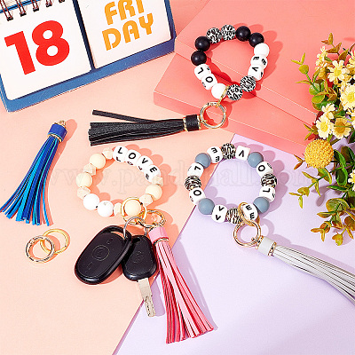 Wooden Bead Keychain Wristlet With 4 Key Rings & Leather Tassel - Rose Red, Bracelet Key Holder