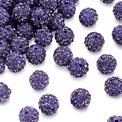 Polymer Clay Pave Rhinestone Beads, Disco Ball Beads, Tanzanite, PP13(1.9~2mm), 6 Rows Rhinestone, 10mm, Hole: 1.5mm