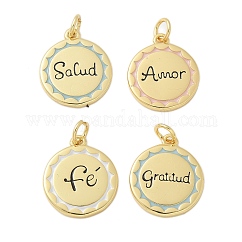 Brass Enamel Pendants, with Jump Ring, Rack Plating, Cadmium Free & Lead Free, Long-Lasting Plated, Real 18K Gold Plated, Flat Round with Word Fe/Salud/Gratitud/Amor, Mixed Color, 17.5x15x2mm, Hole: 3mm