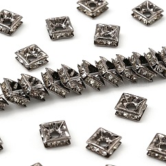 Brass Rhinestone Spacer Beads, Grade A, Nickel Free, Gunmetal, Square, Crystal, 6x6x3mm, Hole: 1mm