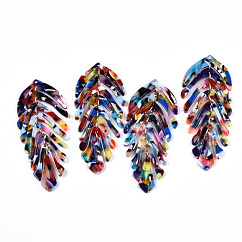 Cellulose Acetate(Resin) Big Pendants, with Iron Loops, Leaf, Golden, Colorful, 70~76x29~31x3mm, Hole: 1.2mm