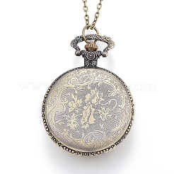 Carved Alloy Flat Round Pendant Necklace Quartz Pocket Watch&nbsp;WACH-P006-05