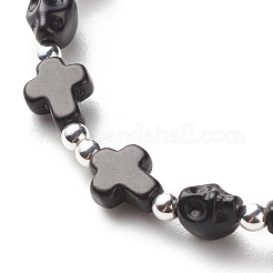 Synthetic Turquoise(Dyed) Cross & Skull Beaded Stretch Bracelet&nbsp;BJEW-JB08451-03