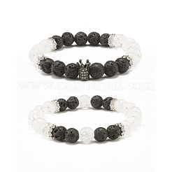 Natural Crackle Quartz & Lava Rock Round Beads Stretch Bracelets Set&nbsp;BJEW-JB07205