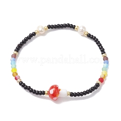 Glass Seed & Plastic Mushroom Beaded Stretch Bracelet for Women&nbsp;BJEW-JB10185