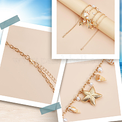 Natural Shell and Plastic Imitation Pearl and Iron Starfish Tassel Double Layer Waist Chains for Women&nbsp;AJEW-CP0011-35A