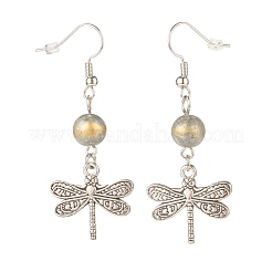 Round Natural Mashan Jade with Alloy Dragonfly Dangle Earrings&nbsp;EJEW-JE04855-02