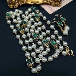 Round & Cuboid Brass Cubic Zirconia & Plastic Imitation Pearl Link Chain Necklace & Dangle Earrings Sets&nbsp;FS-WG5810B-02