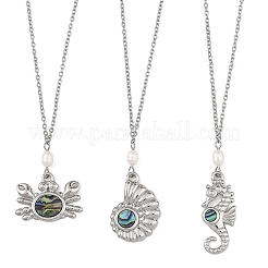 Alloy Natural Paua Shell Alloy Sea Animals Pendant 304 Stainless Steel Cable Chain Necklaces with Natural Pearl for Women&nbsp;NJEW-JN06524
