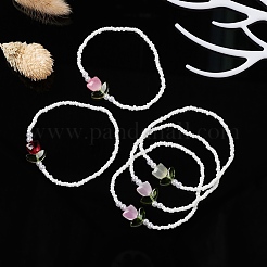 Glass Seed & Lampwork Tulip Beaded Stretch Bracelet&nbsp;BJEW-JB09428