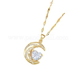 Moon & Heart 304 Stainless Steel Micro Pave Clear Cubic Zirconia Pendant Necklaces&nbsp;FS-WG967E3-01