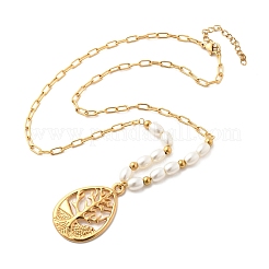 304 Stainless Steel & Plastic Pearl Teardrop with Tree Pendant Necklaces for Women&nbsp;NJEW-U051-01G