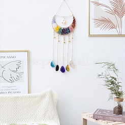 Chakra Theme Copper Wire Wrapped Natural & Synthetic Gemstone Moon Hanging Ornaments&nbsp;PW-WG68707-01