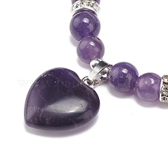 Natural Amethyst Round Beaded Stretch Bracelet with Heart Charm&nbsp;BJEW-JB09019-02