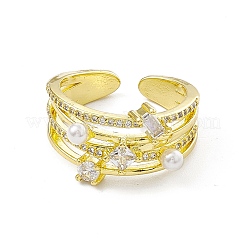 Clear Cubic Zirconia Rectangle & Rhombus Open Cuff Ring with Plastic Pearl Beaded&nbsp;RJEW-I091-15G