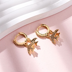 Swallow Brass Micro Pave Clear Cubic Zirconia Hoop Earrings&nbsp;EJEW-F384-06G