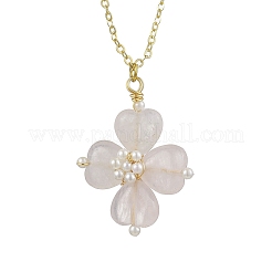 Natural Rose Quartz Clover Shamrock Pendant Necklaces&nbsp;NJEW-JN05170-04