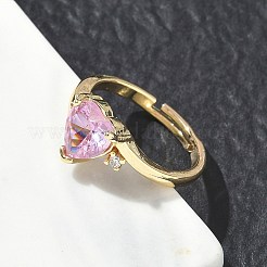 Adjustable Brass Finger Rings with Pink Heart Cubic Zirconia for Valentine's Day&nbsp;CU-CBA7E55-11G