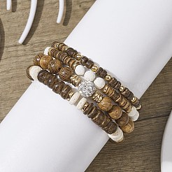 4Pcs 4 Style Dyed Natural Lava Rock Round & Coconut Disc Beaded Stretch Bracelets Set&nbsp;BJEW-JB09809