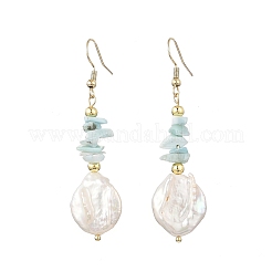 Natural Larimar Chip & Natural Keshi Pearl Dangle Earrings&nbsp;EJEW-JE07445-02
