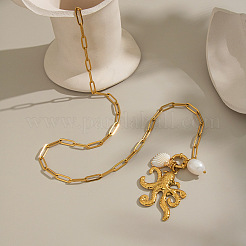 Ocean-themed 304 Stainless Steel Octopus & Electroplated Natural Shell & Imitation Pearl Pendant Necklaces&nbsp;PQ8106