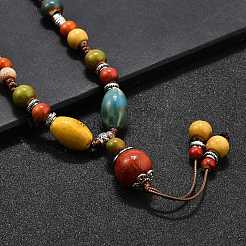 Ethnic Style Alloy & Porcelain Ceramic Beads Round Pendant Tassel Y Necklaces&nbsp;NJEW-D308-01A
