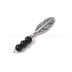 Alloy Feather with Round Synthetic Black Stone Beads Big Pendants&nbsp;PALLOY-JF04696