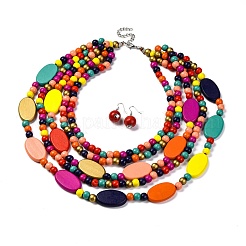 Handmade Wood Beads Multi-Layer Necklaces & Boho Dangle Earrings Set&nbsp;SJEW-A001-01A