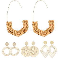 4 Pairs 4 Styles Rattan Dangle Stud Earrings&nbsp;EJEW-SP0001-16B