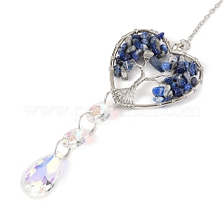 Wire Wrapped Natural Lapis Lazuli Heart with Tree of Life Pendant Decorations&nbsp;HJEW-K046-02P-08