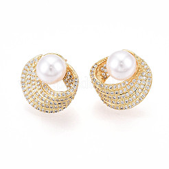 Brass Micro Pave Cubic Zirconia and ABS Imitation Pearl Stud Earrings&nbsp;KK-T074-48G