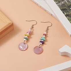 Natural Shell Flat Round & Dyed Synthetic Turquoise Chips Beaded Dangle Earrings&nbsp;EJEW-JE05222