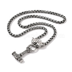 304 Stainless Steel Leopard Head King Box Chain Viking Mjolnir Thor Hammer Pendant Necklaces for Men&nbsp;NJEW-K278-14AS