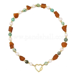 Raw Rough Natural Amber & Round Green Line Jasper & Potato Pearl Beaded Necklaces with Brass Screw Carabiner Lock Charms&nbsp;NJEW-JN06583-02