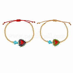 2Pcs 2 Colors Dyed Synthetic Turquoise Cross and Glass Heart Braided Bead Bracelets for Women&nbsp;PE0777-1