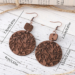 Bohemian Style Wood Flat Round with Leaf Pattern Dangle Earrings&nbsp;FS-WGEA415-01