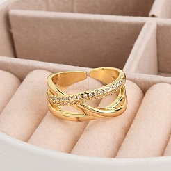 Rack Plating Brass Micro Pave Clear Cubic Zirconia Cuff Rings&nbsp;RJEW-M028-111G