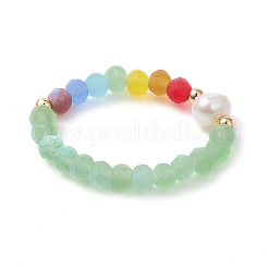 Natural Cultured Freshwater Pearl and Imitation Jade Glass Stretch Finger Rings&nbsp;RJEW-JR00674