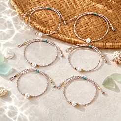 Summer Natural Freshwater Pearl Round Beads Braided Cotton Cord Bracelet Sets for Women&nbsp;ZJ7580-1