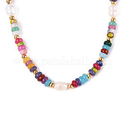 Rondelle Natural Agate & Pearl & Brass Beaded Necklaces for Women&nbsp;NJEW-T017-02G
