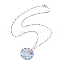 Steel Blue Glass Flat Round & Alloy Pendant Necklace&nbsp;NJEW-JN04453-01