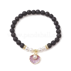 Natural Lava Rock Round Beads with Brass Rhinestone Spacer Beads and Shell Pearl Bead and Electroplate Non-magnetic Synthetic Hematite Beads and Alloy Pendants Bracelets&nbsp;BJEW-JB11511