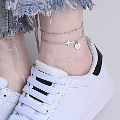 304 Stainless Steel Sideways Cross Link Anklets with Flat Round Initial Charms&nbsp;FS-WG42793-12