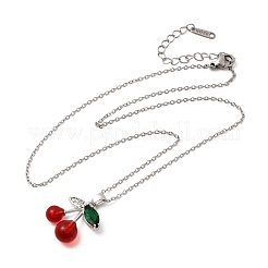 Brass Micro Pave Clear Cubic Zirconia & Resin Red Cherry Pendant 304 Stainless Steel Cable Chain Necklaces for Women&nbsp;NJEW-H092-02P