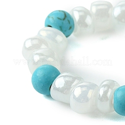Round Synthetic Turquoise with Glass Seeded Beaded Stretch Rings for Women&nbsp;RJEW-JR00707-03