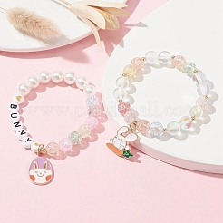 2Pcs 2 Style Easter Theme Glass & Shell Pearl Beaded Stretch Bracelets Set&nbsp;BJEW-TA00304