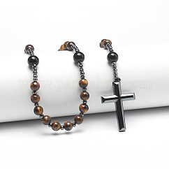 Natural Tiger Eye Round Beads Long Chain Cross Pendant Necklaces for Men
