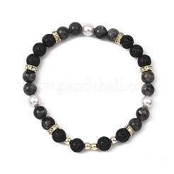 3Pcs 3 Styles Natural Lava Rock & Larvikite & Shell Pearl Beaded Stretch Bracelets for Kids&nbsp;BJEW-JB14097
